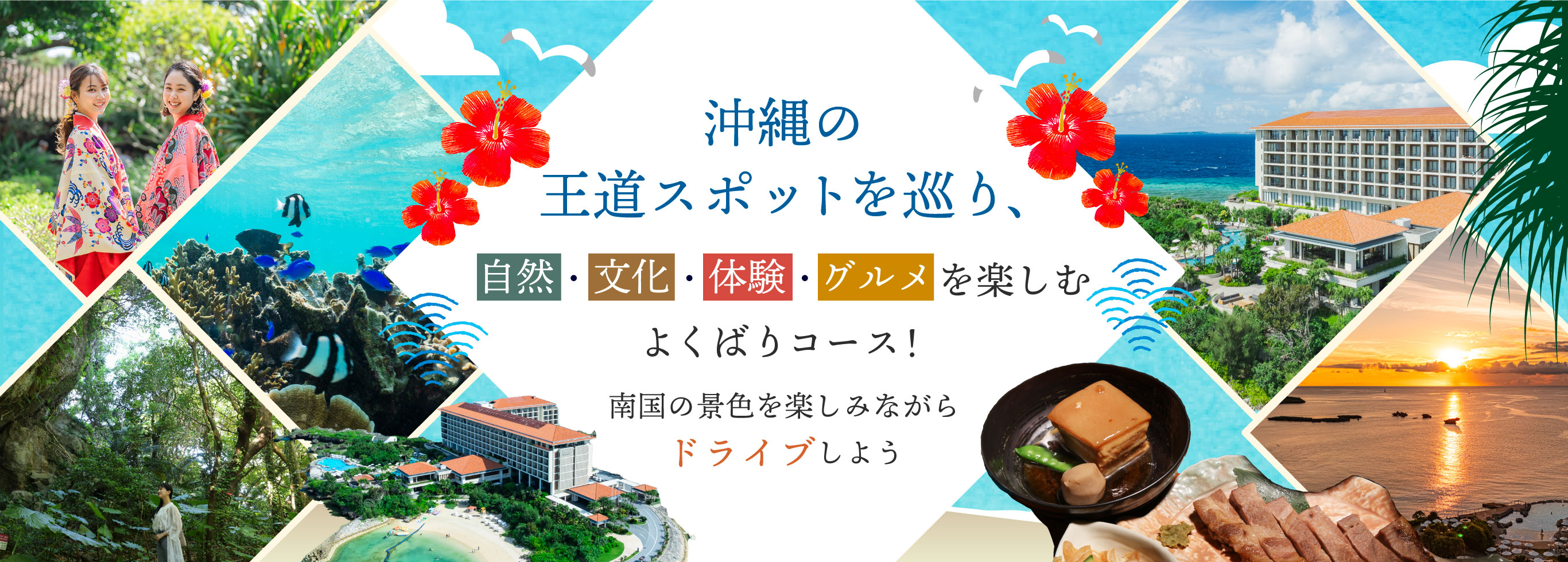 沖縄の王道スポットを巡り、自然・文化・体験・グルメを楽しむよくばりコース！南国の景色を楽しみながらドライブしよう