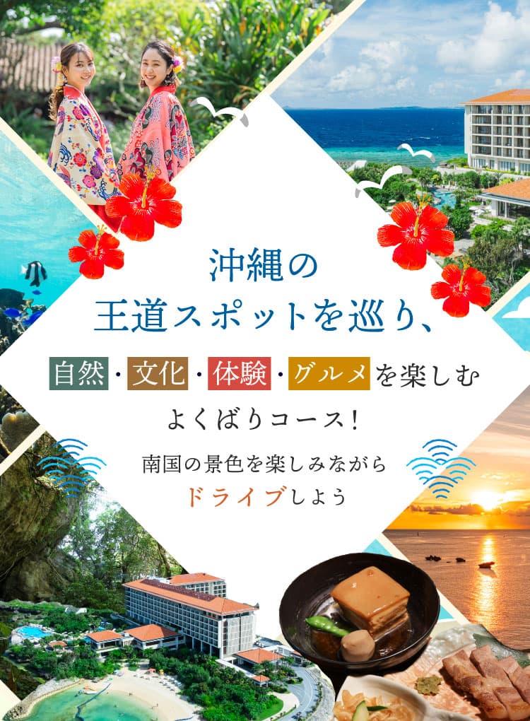 沖縄の王道スポットを巡り、自然・文化・体験・グルメを楽しむよくばりコース！南国の景色を楽しみながらドライブしよう